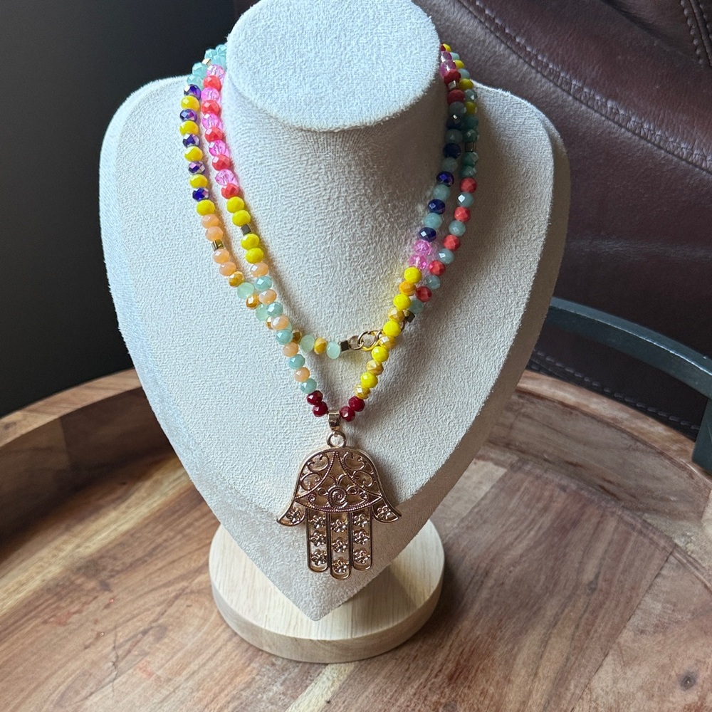Multicolor Beaded Necklace with Gold Hamsa Pendant